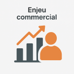 Illustration sur fond gris avec une touche orange représentant l’enjeu commercial : croissance, relation client et performance.