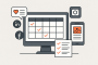 Illustration montrant un calendrier éditorial, des checklists et des icônes de réseaux sociaux pour représenter l’organisation et la communication digitale.