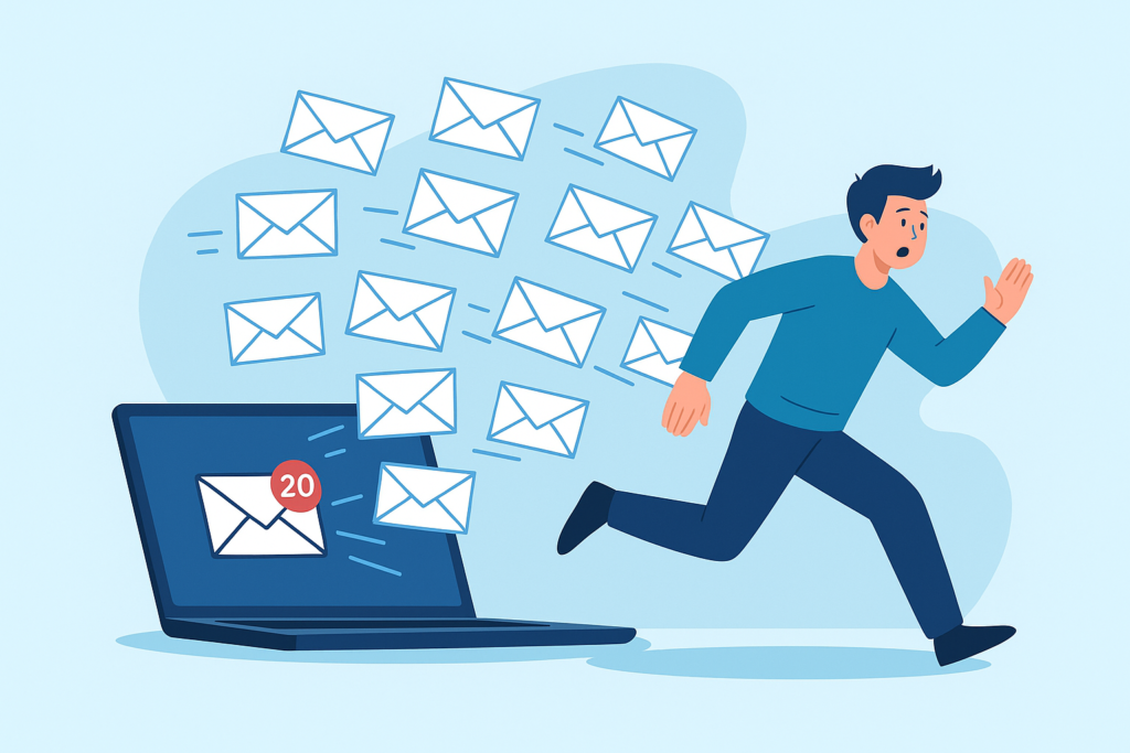 Personne submergée par sa boîte email débordante d’e-mails, symbolisant le besoin d’externaliser la gestion des emails professionnels